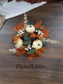 1 pieza Anillo de vela artificial de hoja de arce de Acción de Gracias con bayas y calabaza, decoración floral realista de vid de otoño para puerta, centro de mesa, decoración del hogar de cosecha