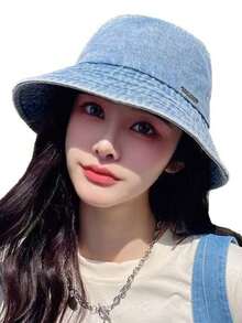 1件装新款牛仔渔夫帽女可水洗时尚复古百搭盆帽户外休闲露脸小太阳遮阳帽适合聚会户外登山 - 彩色 - 查看 3