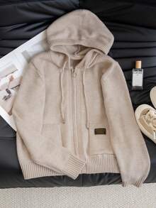 女士宽松拉链连帽卫衣，厚针织卫衣外套，适合秋冬和春季 - 駝色 - 查看 8