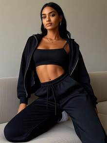 Sudadera De Moda Para Mujeres Con Capucha Y Mangas Largas Transpirable Ligera Para Verano Estilo Casual Deportivo Con Bolsillos Frontales Y Cómodo Para Gimnasio O Uso Diario - Negro - Ver 2