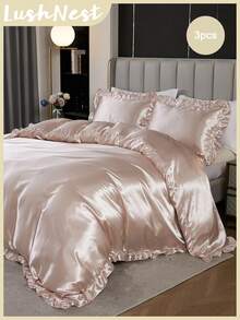 Juego de funda nórdica de 3 piezas en color rosa palo con volantes de satén (1 funda nórdica + 2 fundas de almohada, sin relleno) Decoración de dormitorio de estilo vintage de fibra de poliéster suave, apta para varios tamaños de cama - Caqui - Ver 2