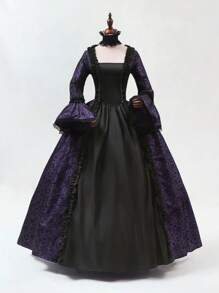 New Vintage Palace Style Printed Long Dress, Victorian Costume Performance Dress Halloween Costumes