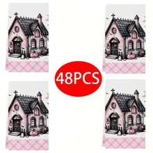 2/4/6/48 Stück Halloween Rosa Haus Muster Weiche Küchentücher/Handtücher, Multifunktional, schnell trocknende Geschirrtücher, geeignet für Küche, Feier, Hochzeit, Dekoration und mehr