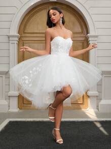 YUMIBRAVO Ballet Style White Dresses For Women Elegant Wedding Dress Romantic Appliques Wedding Dress Bridal Short Prom Dress Low Hem Graduation Dress Ball Gowns Woman Formal Dress Elegant Bridal Dresses For Summer Wedding Party