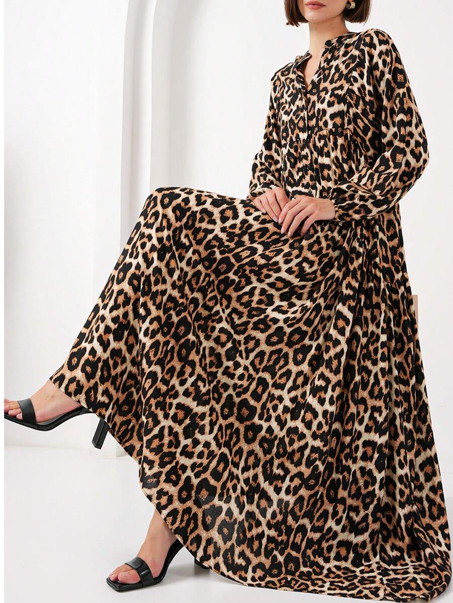 Women's Solid Color Tassel Tie-Front Lantern Sleeve Ruffle Hem Elegant Dress - Rust Brown - View 1