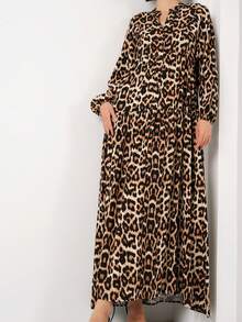 Women's Solid Color Tassel Tie-Front Lantern Sleeve Ruffle Hem Elegant Dress - Rust Brown - View 3
