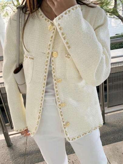 女士优雅金色编织饰边装饰夹克，圆领，防风，修身剪裁，开衩袖口，长袖，适合女性，秋冬装