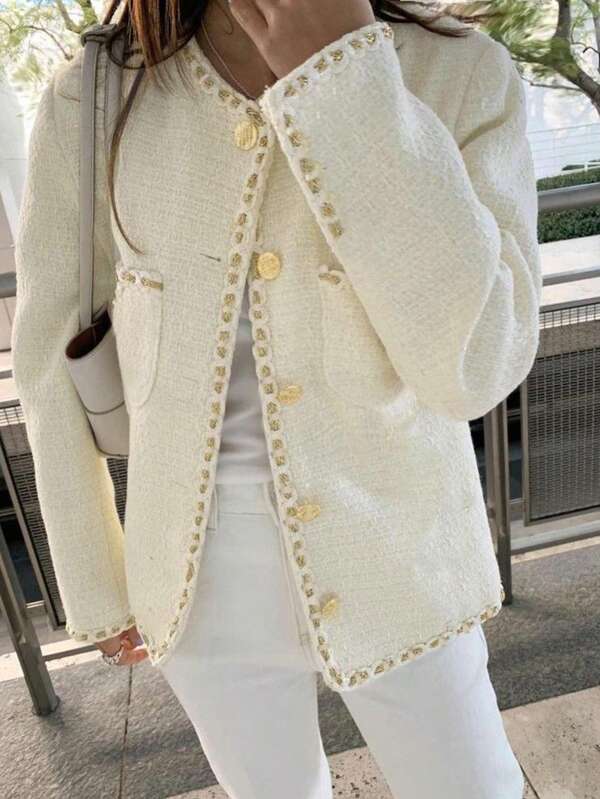 女士优雅金色编织饰边装饰夹克，圆领，防风，修身剪裁，开衩袖口，长袖，适合女性，秋冬装