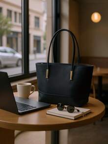 Classic Work Tote Bag Stylish Large Capacity PU Leather With Multiple Compartments - 黑色 - 查看 2