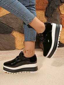 2025 Women's New Dual-Color Sole Platform Shoes, Round Toe Lace-Up Casual Sneakers, College Style, Suitable For All Seasons, Black Thick Bottom Wedge Shoes, Height Increasing Autumn Footwear - Black - View 8