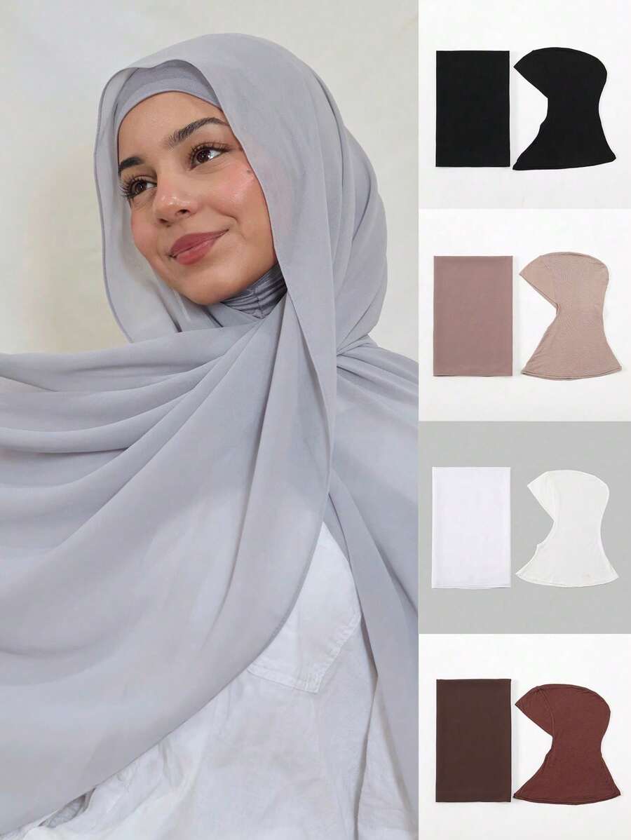 2 件套女士新款雪纺围巾和头巾套装，纯色珍珠雪纺围巾和底帽，穆斯林头巾适合日常外出和祈祷