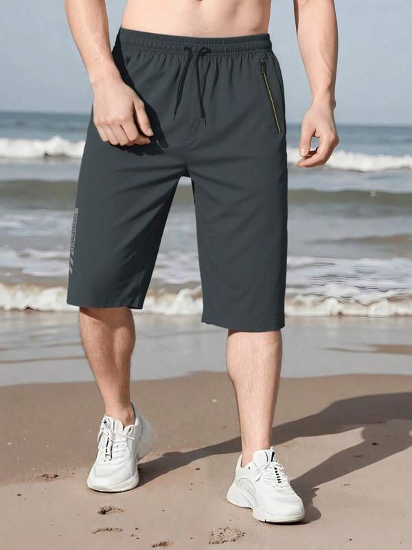 Men's Summer Casual Sports Drawstring Waist Zipper Pocket 3/4 Length Running Shorts