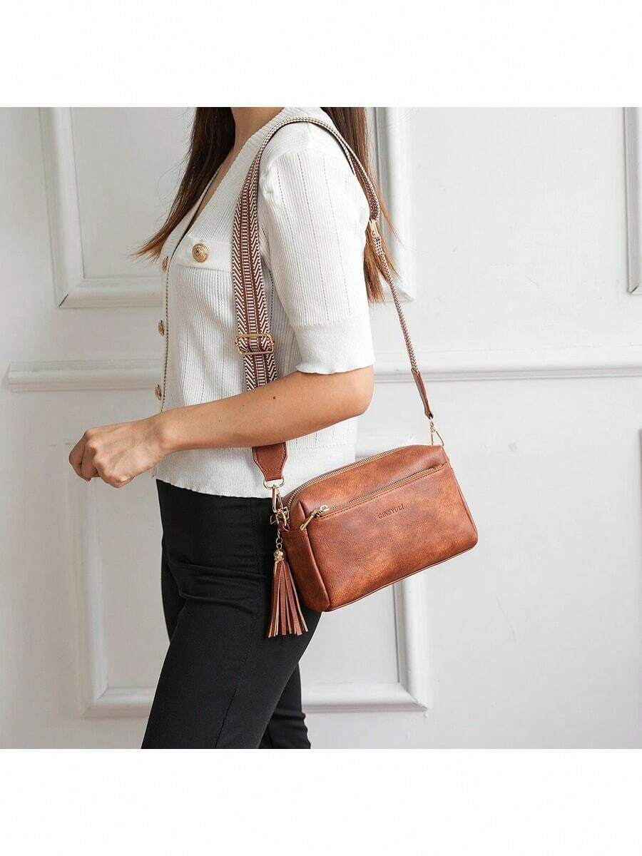 Women's Crossbody Bags With Triple Zipper, Cell Phone Pocket, Leather Handbag, Guitar Strap, Shoulder Bag, Holiday Gift