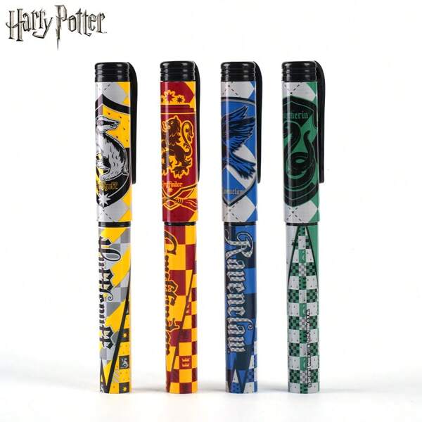Warner Bros 4 Stücke offiziell lizenzierte Harry Potter Hogwarts Kugelschreiber-Set, Gryffindor, Slytherin, Hufflepuff, Ravenclaw, Cartoon Anime Muster, Büromaterial, Gelschreiber, Party Geschenke & Mitbringsel