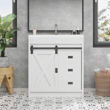31" Farmhouse Bathroom Vanity With Sink Combo, Freestanding Cabinet With 2 Drawers & Sliding Barn Door, Small Bathroom Storage, White/Grey/Dark Grey/Dark Oak - 白色 - 查看 3