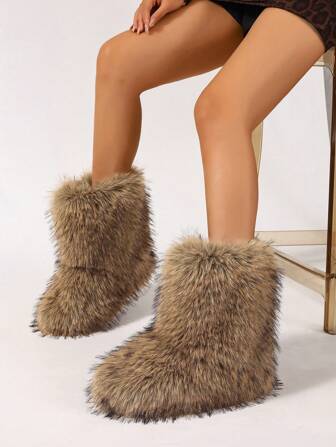 Women's Ombre Y2K Faux Fur Patchwork Shoes, Outdoor Fluffy Furry Boots, Mid-Calf Winter Fashion Snow Boots