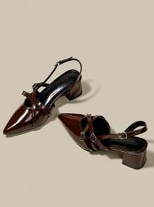 Women's Coffee Brown Patent Leather Pointed Toe Single Strap Chunky Heel Pumps, Elegant Pointed Toe Formal High Heels, Fashion Slingback High Heel Shoes