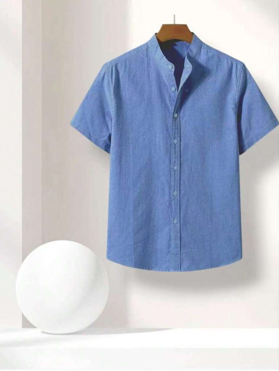 camisa masculina gola pastor social casual linho algodão manga curta moda luxo - Azul - Visão 1