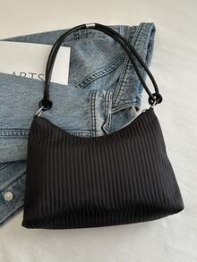 2025 New Casual Large Capacity Crease Striped Fresh Commuting Solid Color Shoulder Underarm Handbag - Black - View 9
