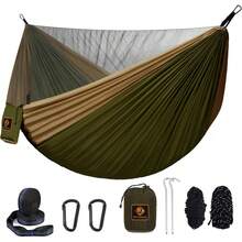 Hamaca de camping, hamacas portátiles con mosquitero, hamaca de paracaídas de nailon ligera con correas de árbol de 10 pies, artículos de camping imprescindibles para viajes, senderismo, mochilero, - NEGRO&Rosado - Ver 1