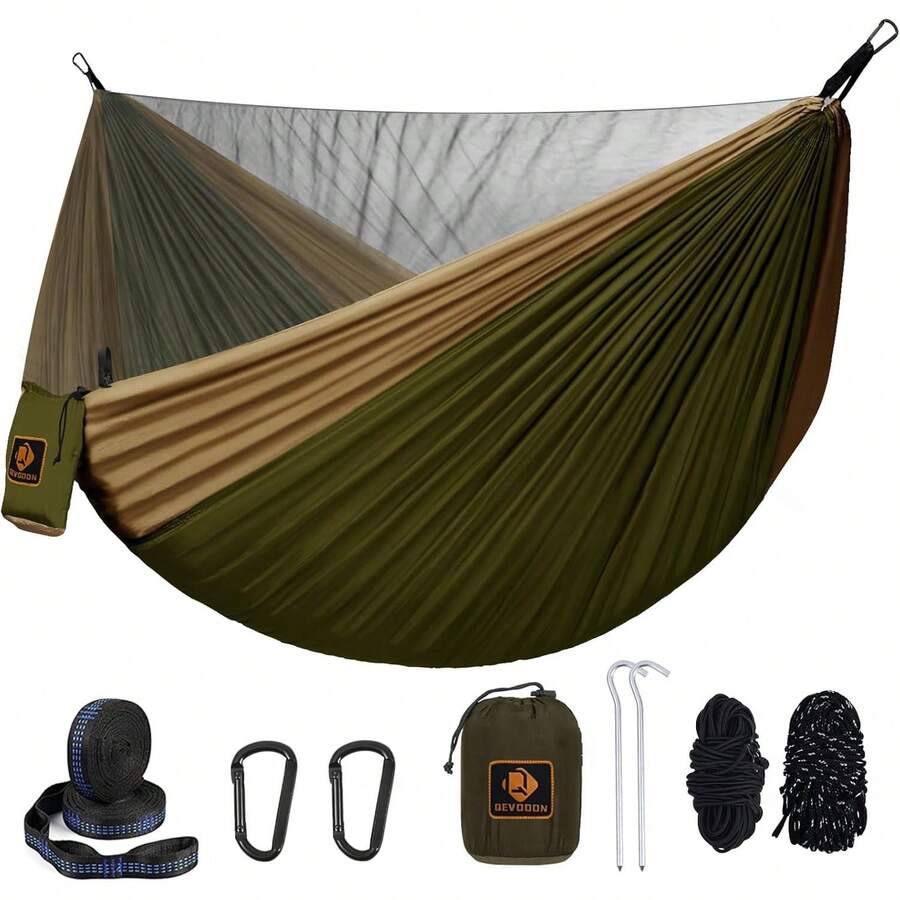Hamaca de camping, hamacas portátiles con mosquitero, hamaca de paracaídas de nailon ligera con correas de árbol de 10 pies, artículos de camping imprescindibles para viajes, senderismo, mochilero, - NEGRO&Rosado - Ver 1