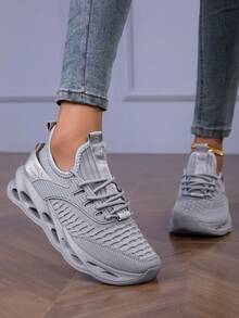 [0.5 Size Up] 1 Pair Women's Fashion Solid Color Running Shoes, Breathable Non-Slip Sneakers, Lightweight & Comfortable Outdoor Sports Shoes, Soft Thick Sole Increase Height Chunky Sneakers, Shock Absorbing, Mesh Breathable, Slip-On Sock Shoes, Versatile For Casual, School, Travel, Walking - Grey - View 3