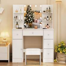 Dressing TABLE 100cm Vanity Set With LED Mirror, Stool, Drawers And Crystal Handle, Shelves, Side Cabinet, Dressing Table Set With LED Illuminated Mirror For Bedroom – White Makeup TABLE Furniture - Weiss - Übersicht 7