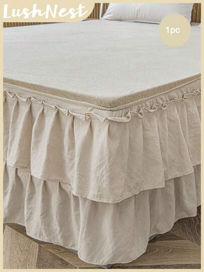 Falda de cama beige estilo bohemio, 1 pieza, falda de cama con volantes de color crema para decoración de cama, de fibra de poliéster suave, estilo shabby chic rústico con doble volante, para todas las estaciones