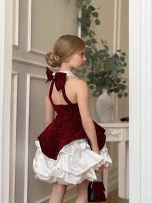 Girls' Vintage Elegant Burgundy Velvet Collar Ruched Bow Tie Dress, Suitable For Prom, Birthday Party, Banquet, Christmas, Wedding, Autumn/Winter