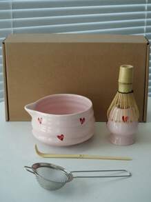 1pc/2pcs/4pcs/5pcs Pink Heart Ceramic Matcha Tea Set, Cute Matcha Utensils Combo Includes Matcha Bowl, Whisk And Stand, Bamboo Spoon, Sifter, Ideal For Matcha Lovers And Beginners, Great Gift For Mother's Day Back To School