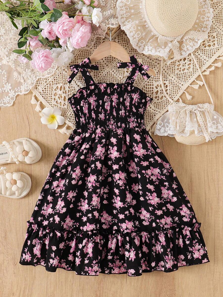 Girls Floral Print Camisole Dress With Bow & Ruffle Hem - Pink - View 1