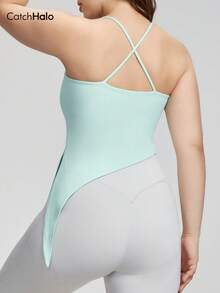 Crisscross Back Built In Bra Plus Size Women's Workout Tank Top - Thin Straps & Asymmetrical Hem Cropped Camisole | 4-Way Stretch Breathable Atheleisure Sport Tank Top For Gym, Yoga, Pilate, Running (Mint Green, 0XL~3XL) - Mint Green - View 7