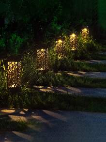 2/4/6/12pcs Outdoor Solar Rectangular Hollow Lawn Light, ABS Resin Material Garden Street Lamp Decoration, Night Light Waterproof Hollow Hollow Solar Ground Insertion Light (500mah), Landscape Projection Pattern Light, Lighting Decoration, Very Suitable For Road Lawns, Garden Courtyards, Driveway Path Lights - Warm Light