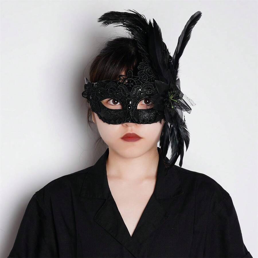 Masquerade Half Face Covering Feather Rhinestone Lace Flower Embroidered Facewear For Halloween Party Stage - 黑色 - 查看 1