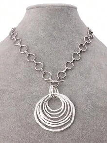 1 pezzo Collana con ciondolo asimmetrico rotondo e a più strati, di colore argento/oro opaco, di grandi dimensioni e con design a cerchio aperto e catenina spessa, adatta per l'uso quotidiano delle donne, con catena da 18"+2" di estensione