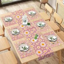 1 Stück 33x180cm rechteckiger Tischläufer mit rosa Hintergrund und großen Gänseblümchen, saisonale Feiertags-Dekoration romantischer Esstisch, Polyesterfaser, geeignet für Küche, Esszimmer, Tischversammlungen zuhause, innen & außen