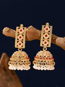 1pair Fashionable Faux Pearl Flower Decorated Hanging Earrings With Colorful Rhinestone Inlay,Charm Tassel, Traditional Pakistan & India Jhumka Earrings Suitable For Women's Daily Wear,Festival,Wedding,Party Gifts ﻿