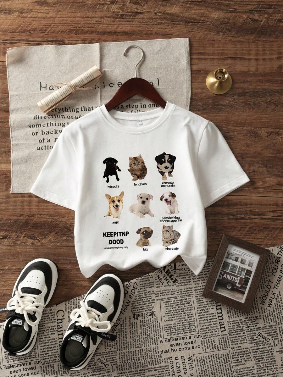 新品女式可爱小狗图案短袖 T 恤，独特设计 T 恤，春夏 - 白色 - 查看 1