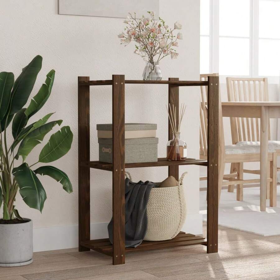 Scaffale portaoggetti Larryhot a 3 ripiani marrone 60x38x90 cm in legno di pino, robusto e durevole, facile da montare, ideale per riporre oggetti - Castano - Visualizzare 1