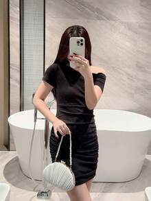 1pc Elegant Pleated Box Design Clutch Bag, Faux Pearl Decor, Formal Handbag For Wedding, Party, Prom, Evening Dress, Chain Strap Square Bag - White - View 10