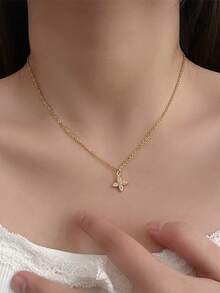 1 件三叶草水钻吊坠项链，奢华优雅的设计，适合女性日常佩戴 - 金黃色 - 查看 4