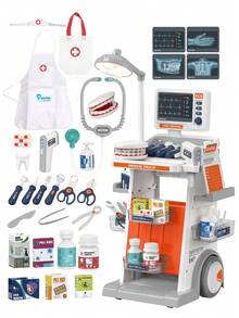 儿童医生和护士角色扮演玩具套装，医生和护士服装，牙科医疗车，牙套，听诊器，体温枪，心电图监测仪，医疗工具，迷你套件，男孩和女孩学习医学知识，克服心理恐惧，模拟场景玩具，教育医生和护士游戏玩具，课堂娱乐，生日礼物 - 彩色 - 查看 1