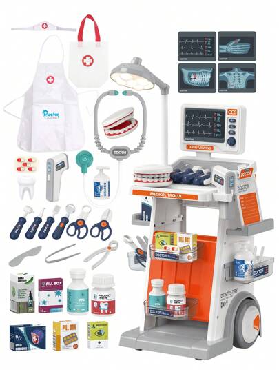 Barnens rollspelsset för läkare och sjuksköterskor, läkare- och sjuksköterskekostym, tandvårdsvagn, tandställning, stetoskop, termometerpistol, EKG-monitor, medicinska verktyg, minikit, pojkar och flickor lär sig medicinsk kunskap, övervinner psykologisk rädsla, simuleringsscenarioleksaker, pedagogiska läkare- och sjuksköterskespel, klassrumsunderhållning, födelsedagspresent