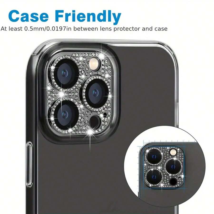 1 Set Glitter Shiny Diamond Metal Ring Tempered Glass Back Camera Screen Protector Lens Cover Compatible With IPhone