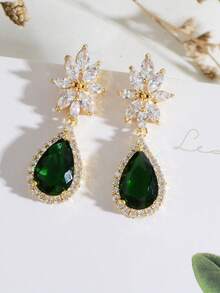 红宝石红方晶锆石新娘耳环 适合婚礼新娘伴娘优雅 14k 镀金泪珠水滴水晶莱茵石 CZ 簇花花卉吊坠耳环 适合女士女孩派对舞会情人节 - 紅色 - 查看 6