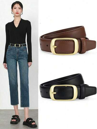 1pc Women's Leather Belt, Suitable For Jeans, Casual Pants, 2 Color Options: Black/Brown, Gold Buckle, Fits S/M Waist Summer, School