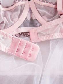 2pcs French Gentle And Sweet Floral Embroidery Mesh Splicing Open Cup Bra With Crotchless Panty Sexy Lingerie Set For All Seasons, Suitable For Couples' Vacation Dates, Honeymoon, Bachelor Parties, Private Parties, Role-Playing Wear, Giving Holiday Gift To Girlfriend - 粉色 - 查看 8