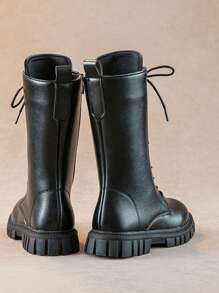 1 双黑色高帮女童靴，柔软弹力 PU 材质，圆头，细带，侧拉链设计，经典厚底，时尚可爱的公主/骑士风格靴子，适合 3-12 岁女童，日常、休闲、派对、校服，2025 年秋冬新品