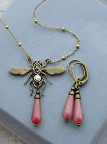 3pcs Dragonfly Geometric Pendant Necklace & Earrings Set, Multi-Color Metal, Natural Stone, Zirconia, Pearl, Vintage Classic Design For Women Party