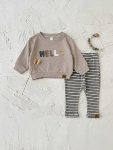 2 件套男女通用婴儿服装，字母刺绣运动衫和裤子套装，春秋季休闲装 - 卡其色 - 查看 6